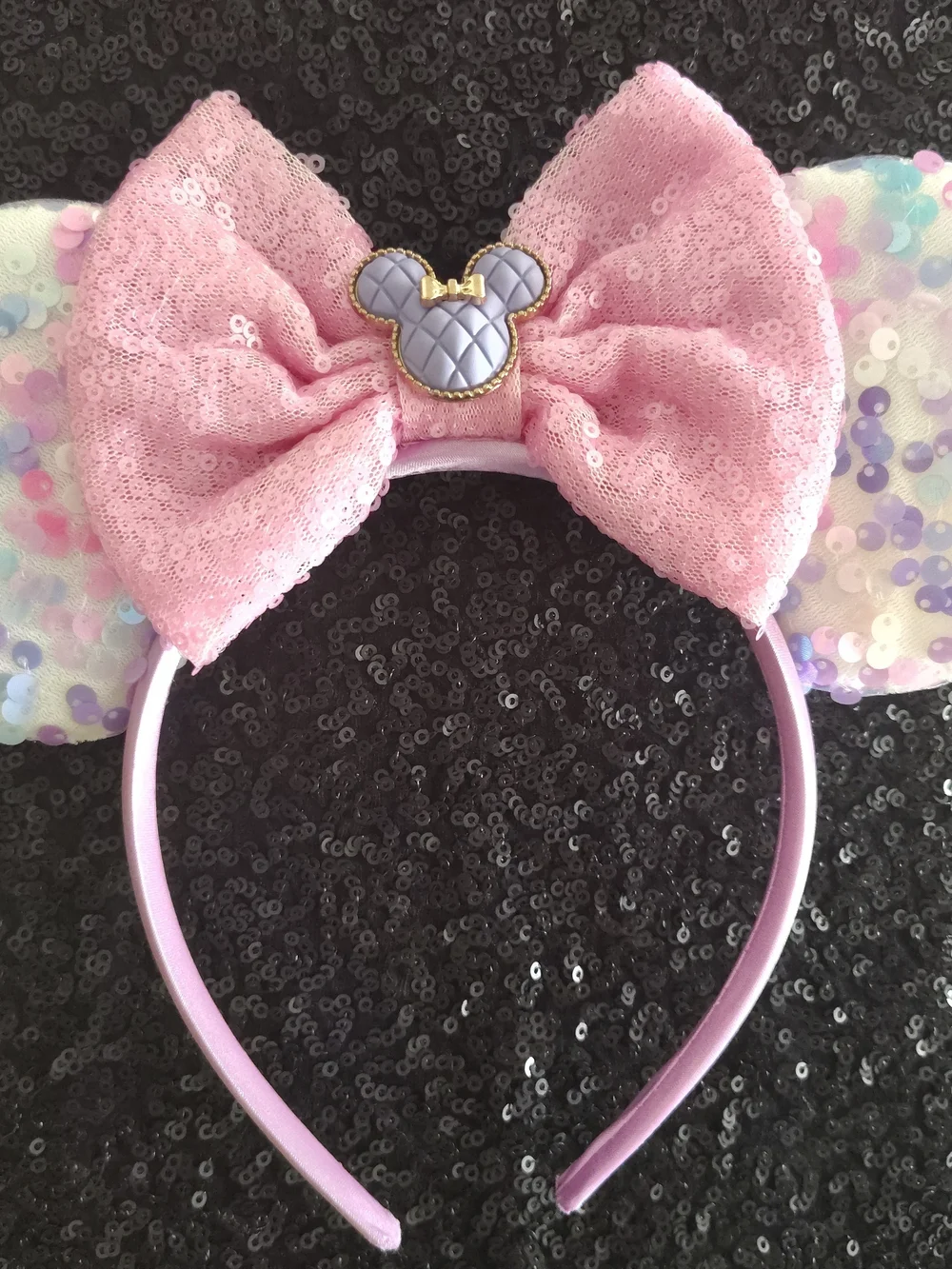 Pink Sequin Minnie Bow Headband with Pastel Sequin Ears